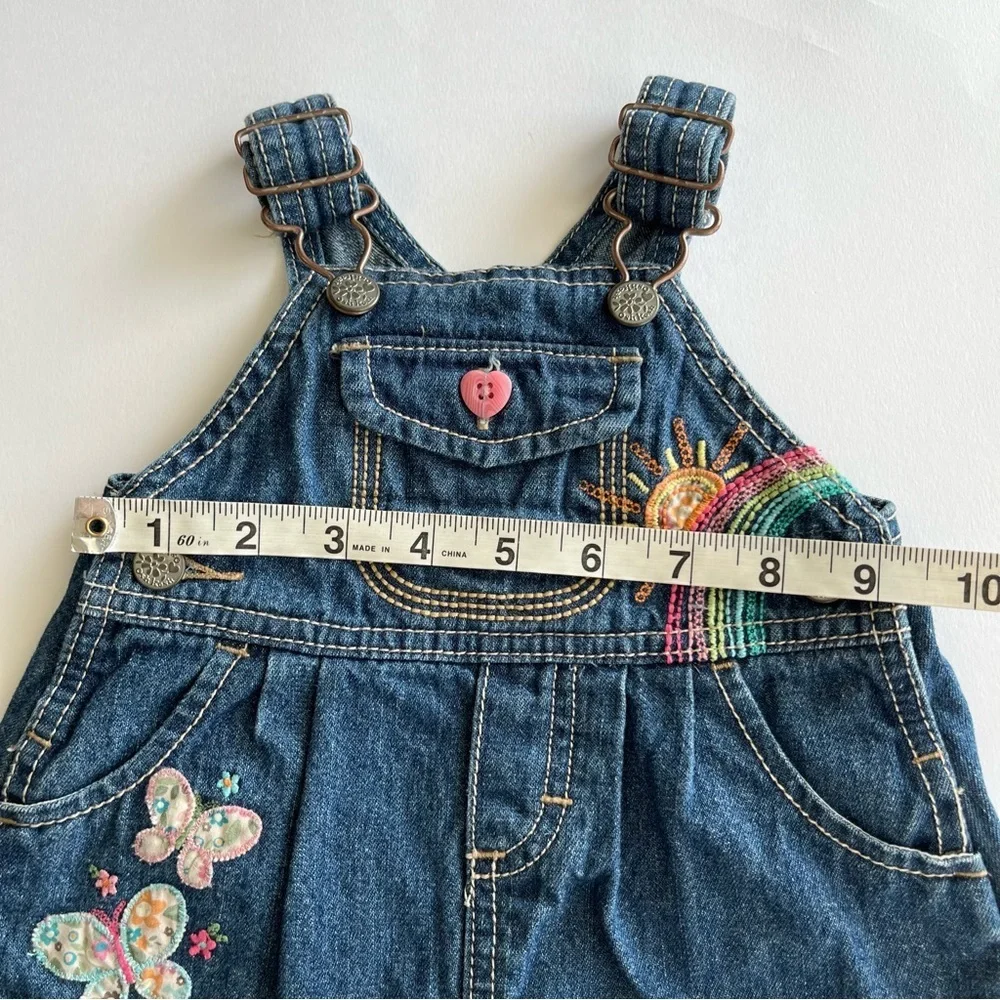 OshKosh B’Gosh Denim Overalls Dress Embroidered Rainbow Mushroom